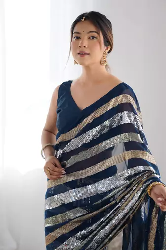 Women's Teal Georgette Sequins Designer Saree with Blouse