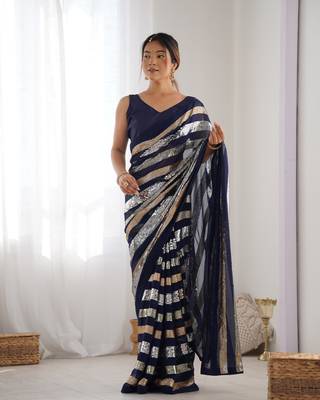 Women's Navy Blue Georgette Sequins Designer Saree with Blouse 1