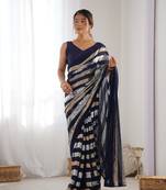 Women's Navy Blue Georgette Sequins Designer Saree with Blouse