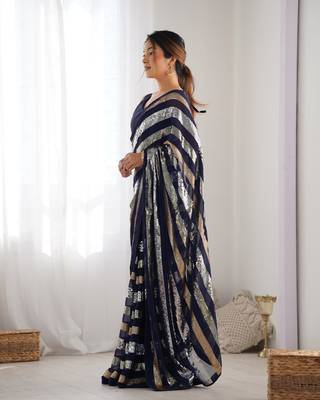 Women's Navy Blue Georgette Sequins Designer Saree with Blouse 2