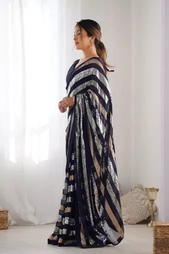 Women's Navy Blue Georgette Sequins Designer Saree with Blouse