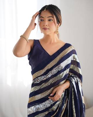 Women's Navy Blue Georgette Sequins Designer Saree with Blouse 3