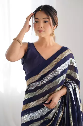 Women's Navy Blue Georgette Sequins Designer Saree with Blouse