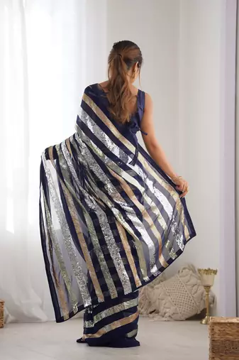 Women's Navy Blue Georgette Sequins Designer Saree with Blouse