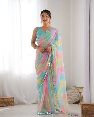Women's Multicolor Georgette Print with Mirror Work Designer Saree with Blouse 1