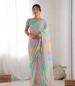 Women's Multicolor Georgette Print with Mirror Work Designer Saree with Blouse