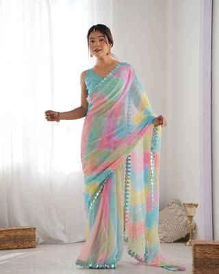 Women's Multicolor Georgette Print with Mirror Work Designer Saree with Blouse 2