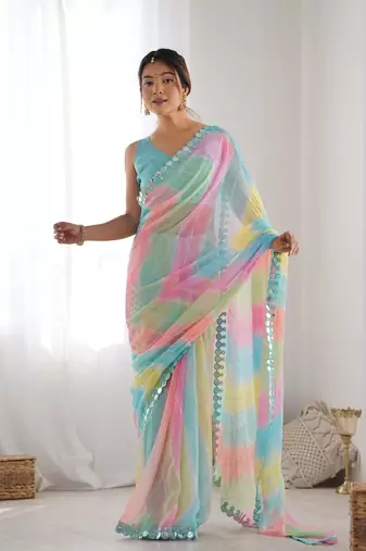 Women's Multicolor Georgette Print with Mirror Work Designer Saree with Blouse