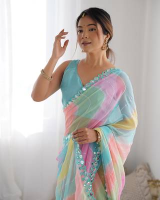 Women's Multicolor Georgette Print with Mirror Work Designer Saree with Blouse 3