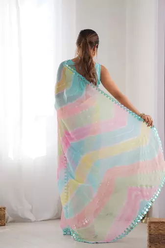 Women's Multicolor Georgette Print with Mirror Work Designer Saree with Blouse