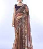 Women's Brown Net Sequins Embroidered Designer Saree with Blouse