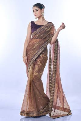 Women's Brown Net Sequins Embroidered Designer Saree with Blouse 2