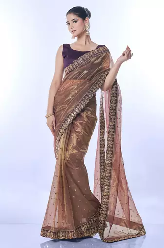 Women's Brown Net Sequins Embroidered Designer Saree with Blouse