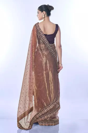 Women's Brown Net Sequins Embroidered Designer Saree with Blouse