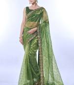 Women's Green Net Sequins Embroidered Designer Saree with Blouse