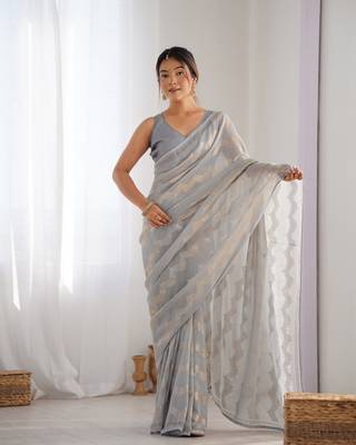 Women's Grey Georgette Sequin Swarovski Designer Saree with Blouse 1
