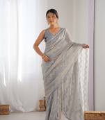 Women's Grey Georgette Sequin Swarovski Designer Saree with Blouse