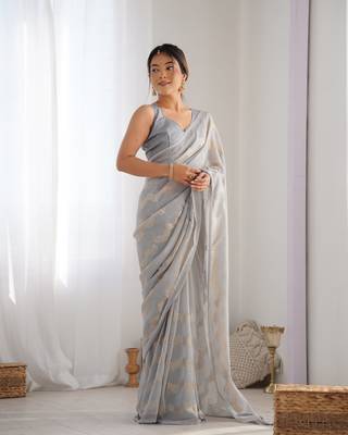 Women's Grey Georgette Sequin Swarovski Designer Saree with Blouse 2