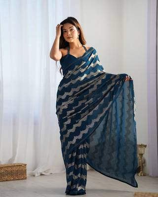 Women's Teal Georgette Sequin Swarovski Designer Saree with Blouse 1