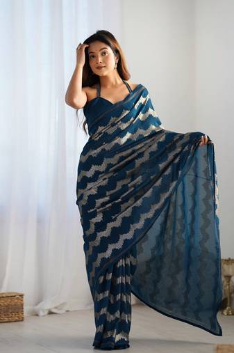 Women's Teal Georgette Sequin Swarovski Designer Saree with Blouse
