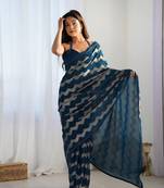 Women's Teal Georgette Sequin Swarovski Designer Saree with Blouse