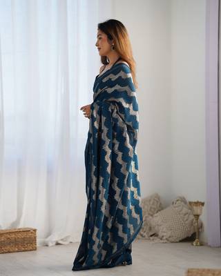 Women's Teal Georgette Sequin Swarovski Designer Saree with Blouse 2