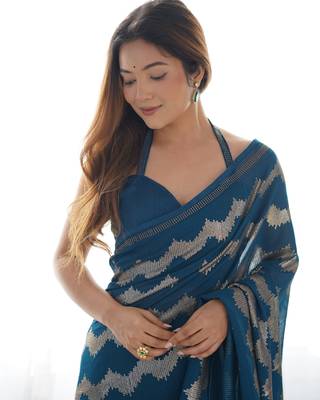 Women's Teal Georgette Sequin Swarovski Designer Saree with Blouse 3