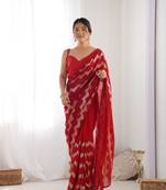 Women's Red Georgette Sequin Swarovski Designer Saree with Blouse