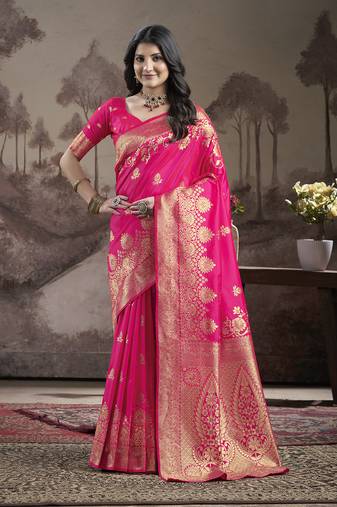 Women's Pink Soft Lichi Silk Jacquard Traditional Saree with Blouse
