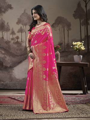 Women's Pink Soft Lichi Silk Jacquard Traditional Saree with Blouse 2
