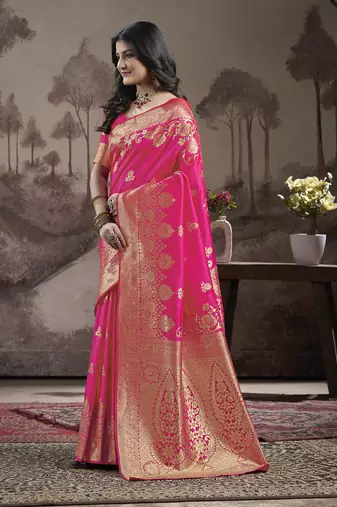 Women's Pink Soft Lichi Silk Jacquard Traditional Saree with Blouse