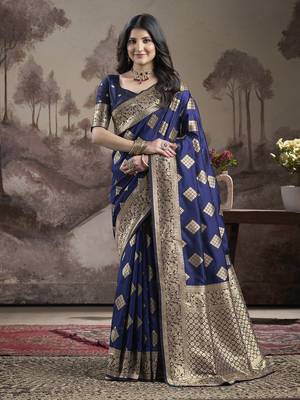 Women's Navy Blue Soft Lichi Silk Jacquard Traditional Saree with Blouse 1