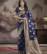 Women's Navy Blue Soft Lichi Silk Jacquard Traditional Saree with Blouse