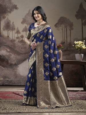 Women's Navy Blue Soft Lichi Silk Jacquard Traditional Saree with Blouse 2