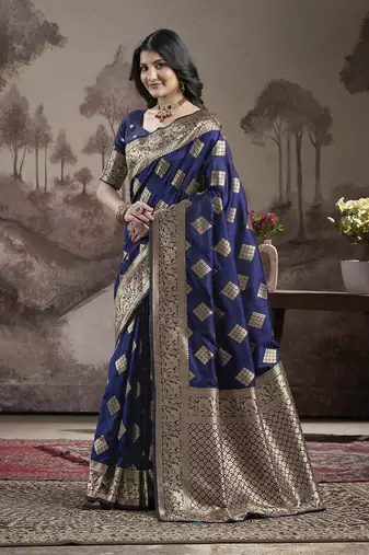 Women's Navy Blue Soft Lichi Silk Jacquard Traditional Saree with Blouse