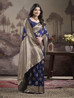 Women's Navy Blue Soft Lichi Silk Jacquard Traditional Saree with Blouse 3
