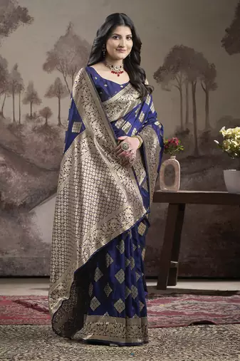 Women's Navy Blue Soft Lichi Silk Jacquard Traditional Saree with Blouse