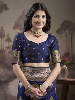 Women's Navy Blue Soft Lichi Silk Jacquard Traditional Saree with Blouse 4
