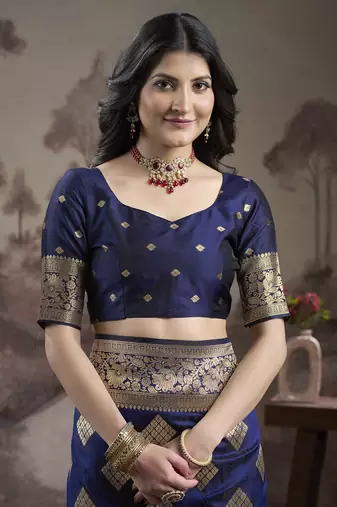 Women's Navy Blue Soft Lichi Silk Jacquard Traditional Saree with Blouse