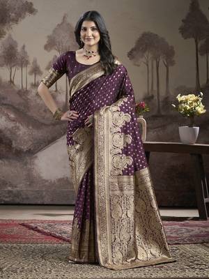 Women's Wine Soft Lichi Silk Jacquard Traditional Saree with Blouse 1