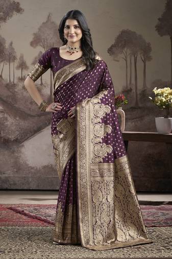 Women's Wine Soft Lichi Silk Jacquard Traditional Saree with Blouse