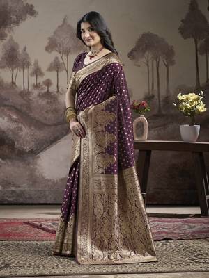 Women's Wine Soft Lichi Silk Jacquard Traditional Saree with Blouse 2