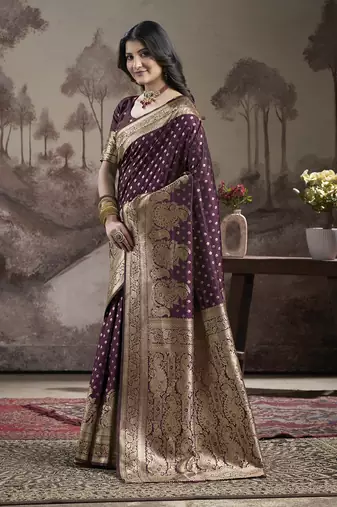 Women's Wine Soft Lichi Silk Jacquard Traditional Saree with Blouse