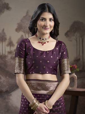 Women's Wine Soft Lichi Silk Jacquard Traditional Saree with Blouse 3
