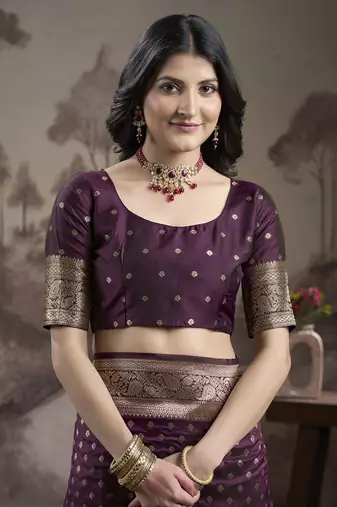 Women's Wine Soft Lichi Silk Jacquard Traditional Saree with Blouse