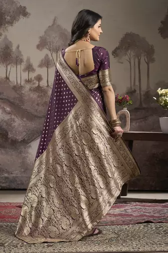 Women's Wine Soft Lichi Silk Jacquard Traditional Saree with Blouse