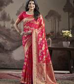 Women's Red Soft Lichi Silk Jacquard Traditional Saree with Blouse