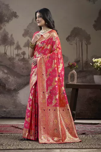 Women's Red Soft Lichi Silk Jacquard Traditional Saree with Blouse