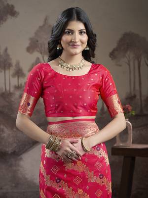 Women's Red Soft Lichi Silk Jacquard Traditional Saree with Blouse 3