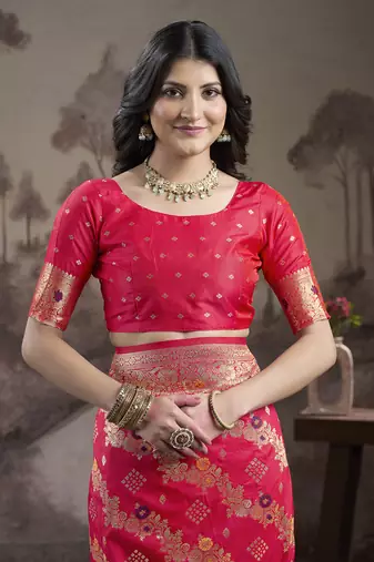 Women's Red Soft Lichi Silk Jacquard Traditional Saree with Blouse
